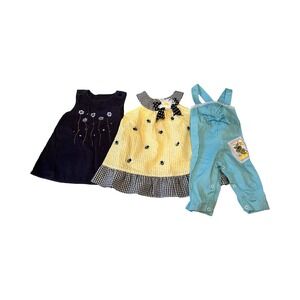 Vtg 12 Months Baby Girl Summer Clothes Lot 2 Dresses 1 Overall Bees Flowers